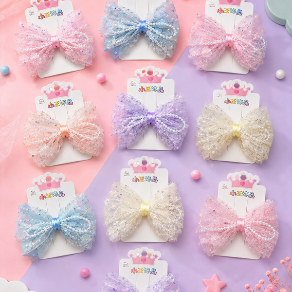 Premium Pearl Lace Bow Hair Clip for Girls | Elegant Net Bow Hair Accessory | Cute Princess Hair Bow Clip