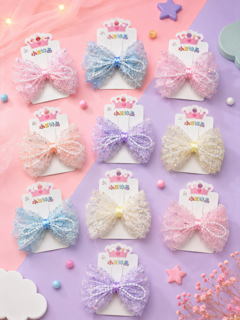 Premium Pearl Lace Bow Hair Clip for Girls | Elegant Net Bow Hair Accessory | Cute Princess Hair Bow Clip