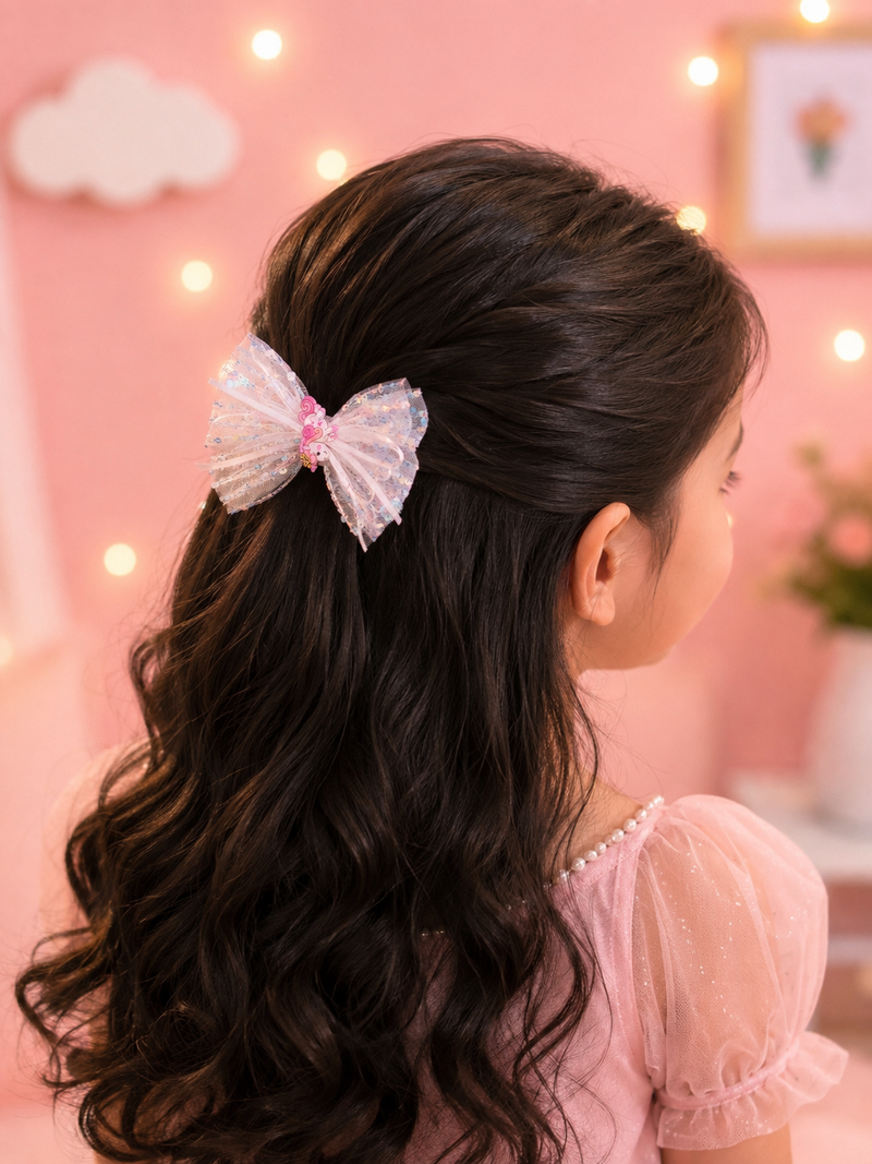 Cute Unicorn Sequin Bow Hair Clip for Girls | Sparkly Mesh Hair Bow | Kids Party Hair Accessory | Alligator Hair Clip