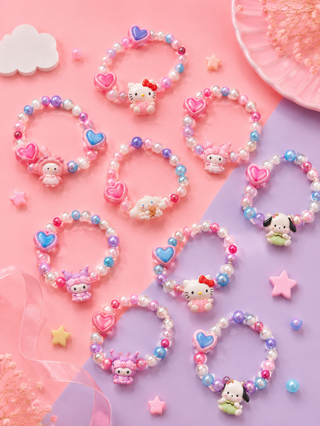Cute Cartoon Character Beaded Bracelet for Girls | Elastic Pearl Bead Kids Bracelet | Kawaii Charm Bracelet | Birthday Return Gift