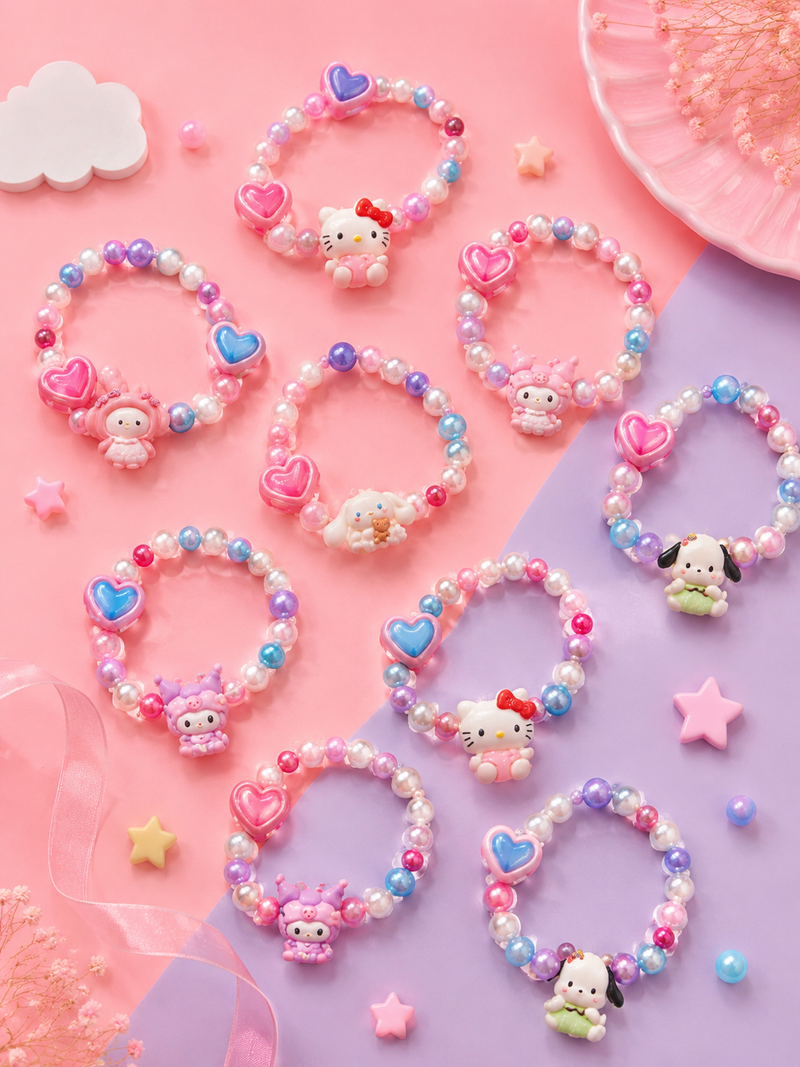 Cute Cartoon Character Beaded Bracelet for Girls | Elastic Pearl Bead Kids Bracelet | Kawaii Charm Bracelet | Birthday Return Gift
