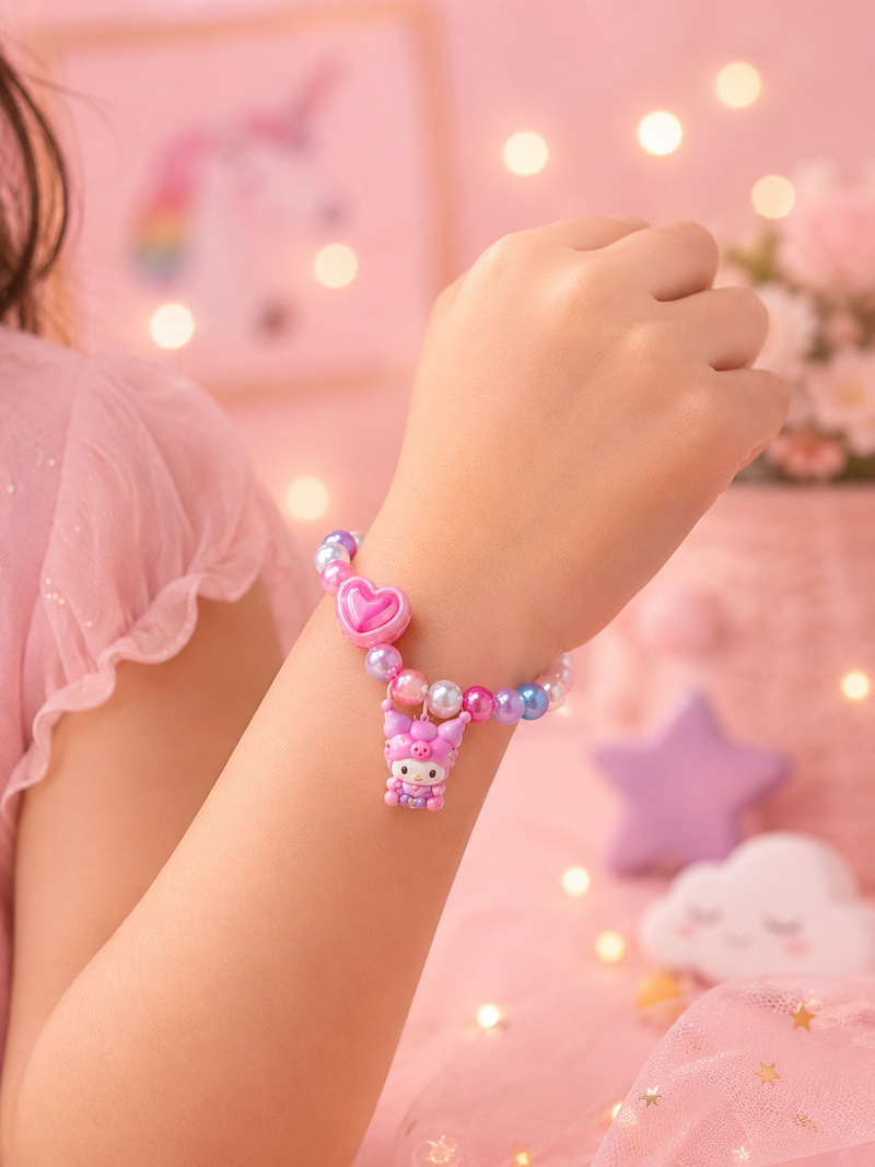 Cute Cartoon Character Beaded Bracelet for Girls | Elastic Pearl Bead Kids Bracelet | Kawaii Charm Bracelet | Birthday Return Gift