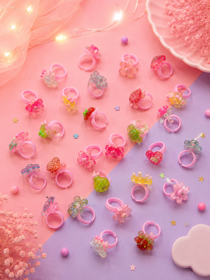 Adjustable Kids Fancy Ring Set | Cute Cartoon Glitter Finger Rings for Girls | Colorful Princess Party Jewelry Collection