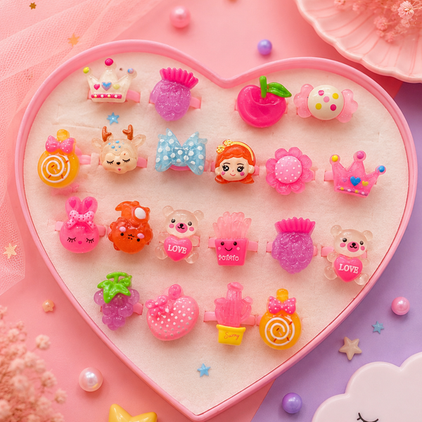 Adjustable Kids Fancy Ring Set | Cute Cartoon Glitter Finger Rings for Girls | Colorful Princess Party Jewelry Collection