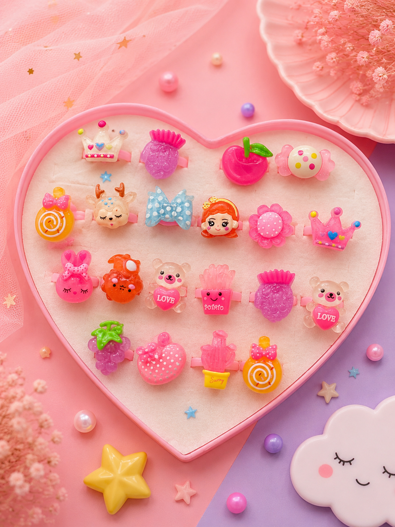 Adjustable Kids Fancy Ring Set | Cute Cartoon Glitter Finger Rings for Girls | Colorful Princess Party Jewelry Collection