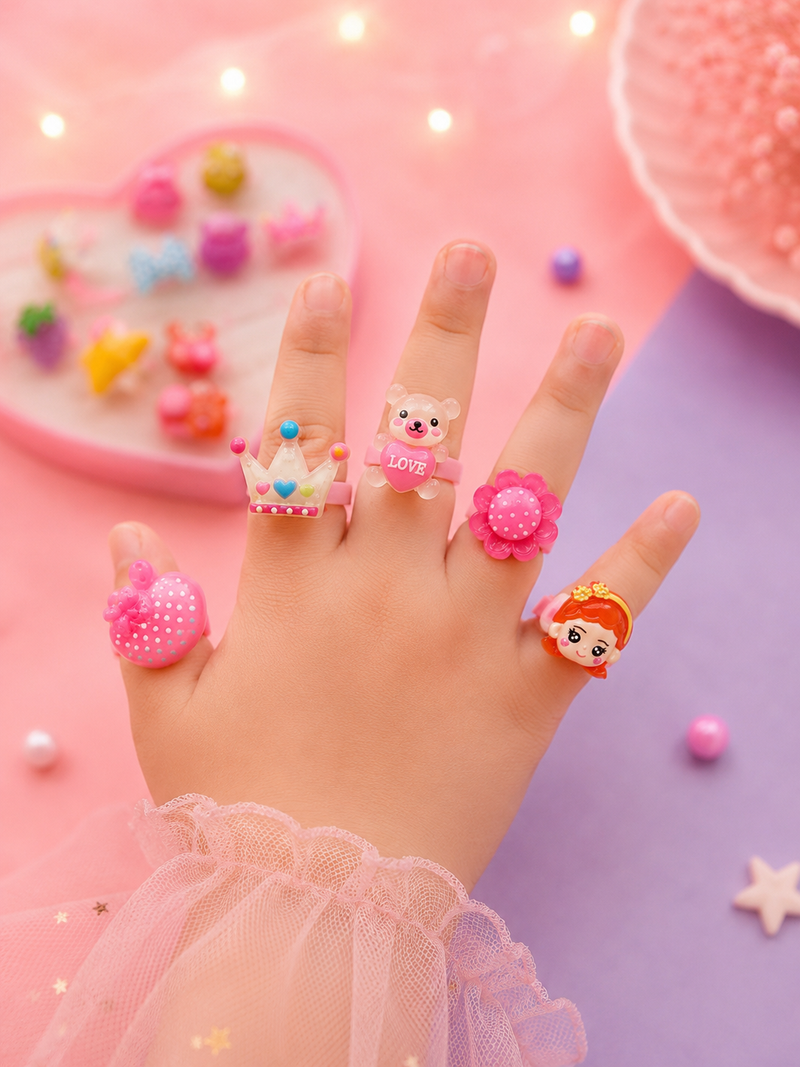 Adjustable Kids Fancy Ring Set | Cute Cartoon Glitter Finger Rings for Girls | Colorful Princess Party Jewelry Collection