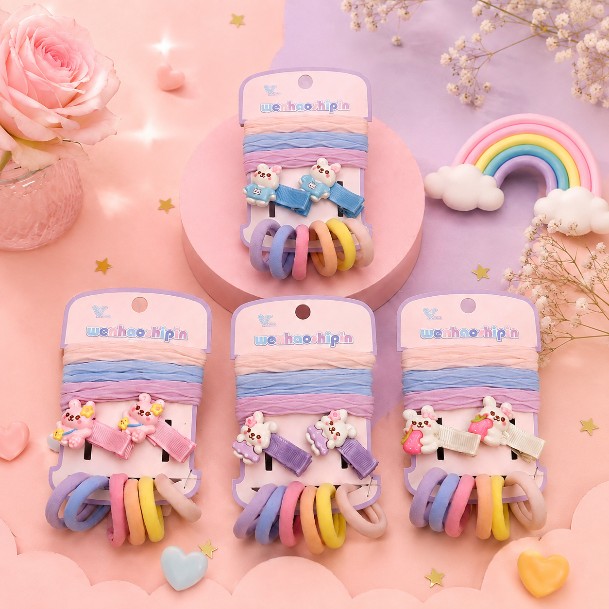 Cute Girls Hair Accessories Set – Cartoon Hair Clips & Colorful Elastic Hair Ties for Kids