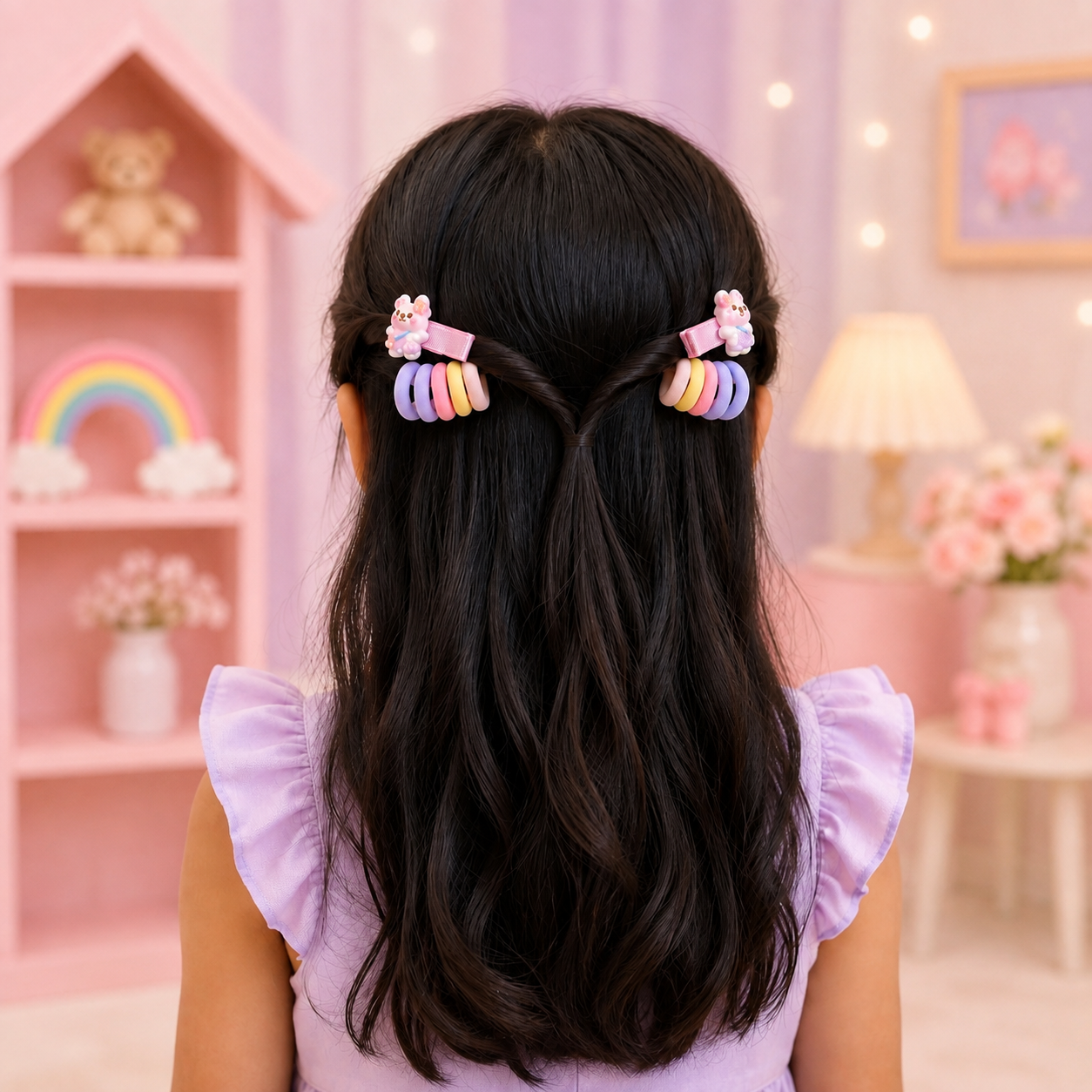 Cute Girls Hair Accessories Set – Cartoon Hair Clips & Colorful Elastic Hair Ties for Kids