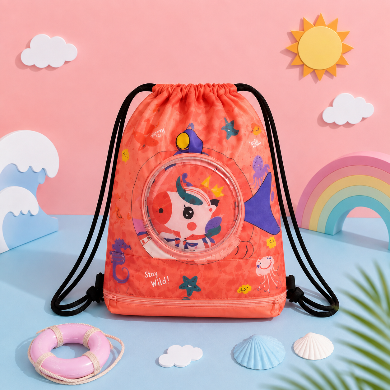 Cute Kids Swimming & Activity Bag with Transparent Character Pocket
