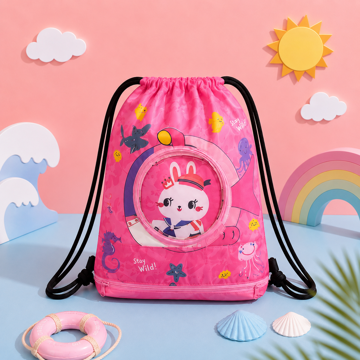 Cute Kids Swimming & Activity Bag with Transparent Character Pocket