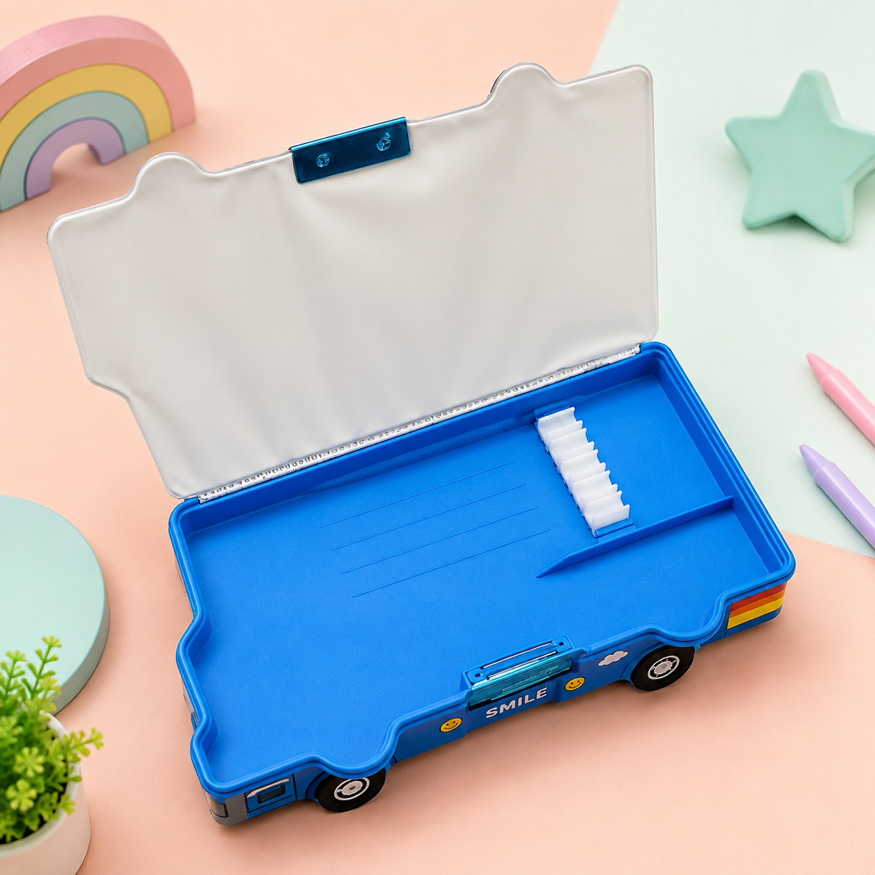 Cute Bus Shape Kids Pencil Box | Spacious Cartoon Stationery Case | Multipurpose School Compass Box