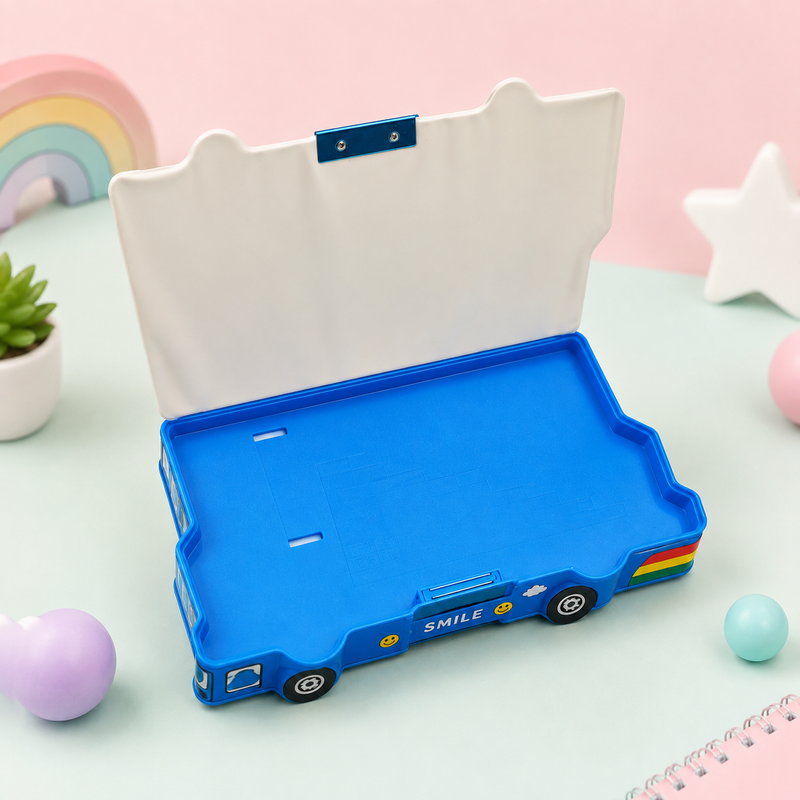 Cute Bus Shape Kids Pencil Box | Spacious Cartoon Stationery Case | Multipurpose School Compass Box