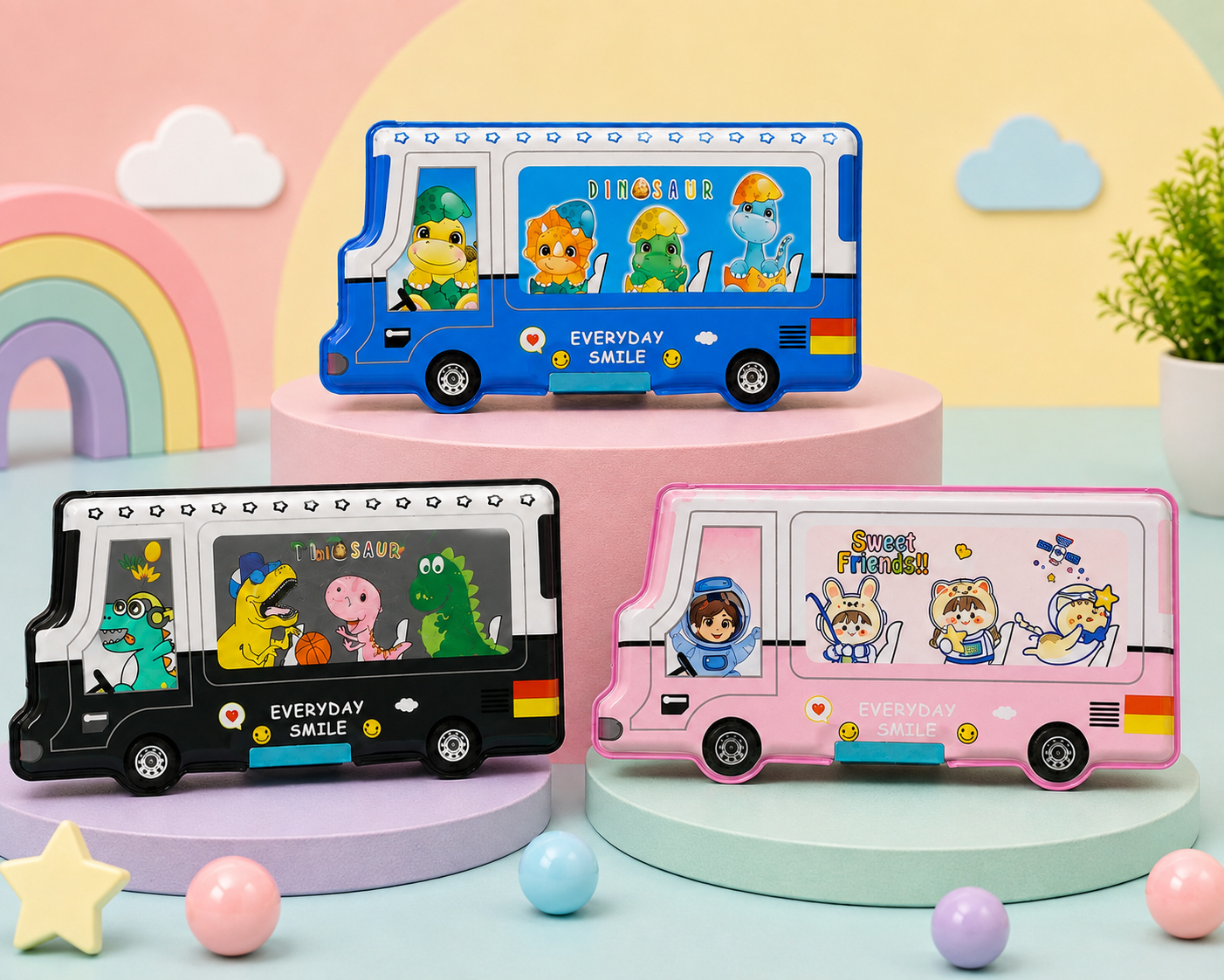 Cute Bus Shape Kids Pencil Box | Spacious Cartoon Stationery Case | Multipurpose School Compass Box