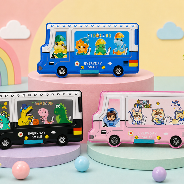 Cute Bus Shape Kids Pencil Box | Spacious Cartoon Stationery Case | Multipurpose School Compass Box