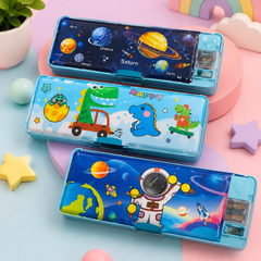Kids Multipurpose Pencil Box with Study Light & Sharpener | Space Dinosaur Astronaut Pencil Case
