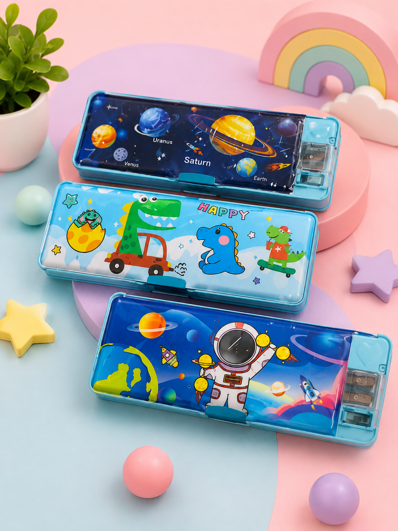Kids Multipurpose Pencil Box with Study Light & Sharpener | Space Dinosaur Astronaut Pencil Case