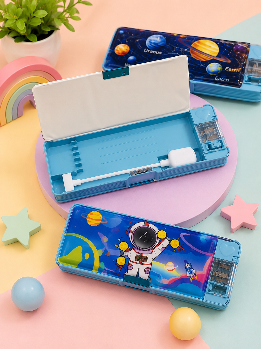 Kids Multipurpose Pencil Box with Study Light & Sharpener | Space Dinosaur Astronaut Pencil Case
