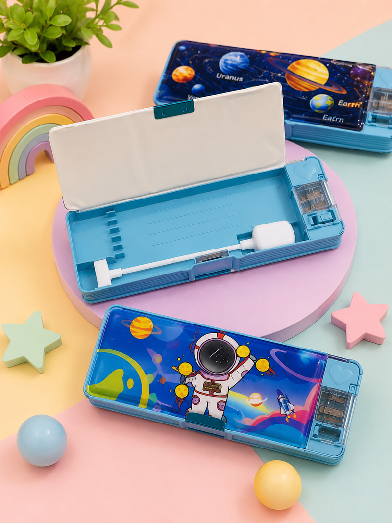 Kids Multipurpose Pencil Box with Study Light & Sharpener | Space Dinosaur Astronaut Pencil Case