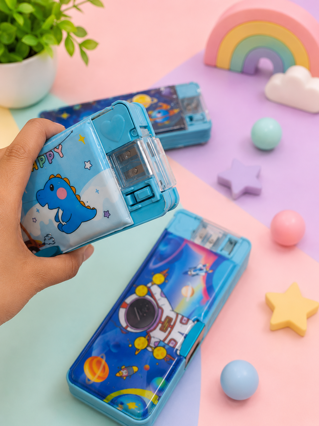 Kids Multipurpose Pencil Box with Study Light & Sharpener | Space Dinosaur Astronaut Pencil Case