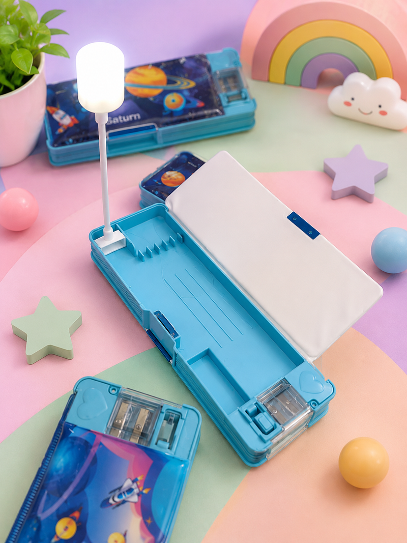 Kids Multipurpose Pencil Box with Study Light & Sharpener | Space Dinosaur Astronaut Pencil Case