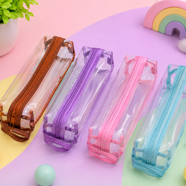 Transparent Double Zipper Pencil Pouch for Kids | Clear Stationery Case with Handle