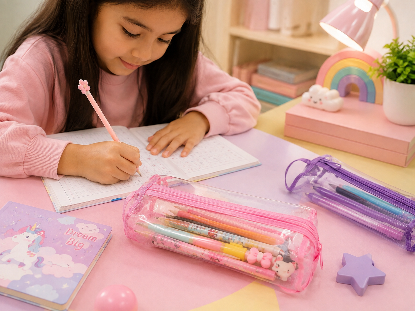 Transparent Double Zipper Pencil Pouch for Kids | Clear Stationery Case with Handle
