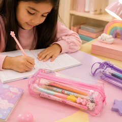 Transparent Double Zipper Pencil Pouch for Kids | Clear Stationery Case with Handle