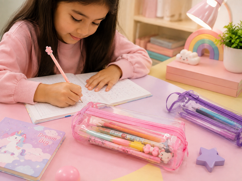Transparent Double Zipper Pencil Pouch for Kids | Clear Stationery Case with Handle