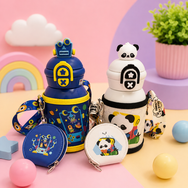 Kids Cartoon Water Bottle with Strap & Mini Pouch | Robot & Panda Bottle for School