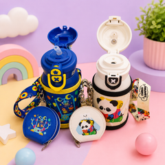 Kids Cartoon Water Bottle with Strap & Mini Pouch | Robot & Panda Bottle for School