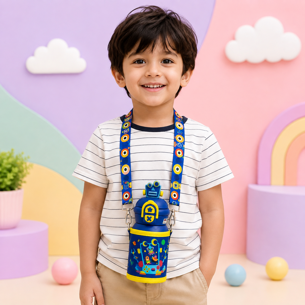 Kids Cartoon Water Bottle with Strap & Mini Pouch | Robot & Panda Bottle for School