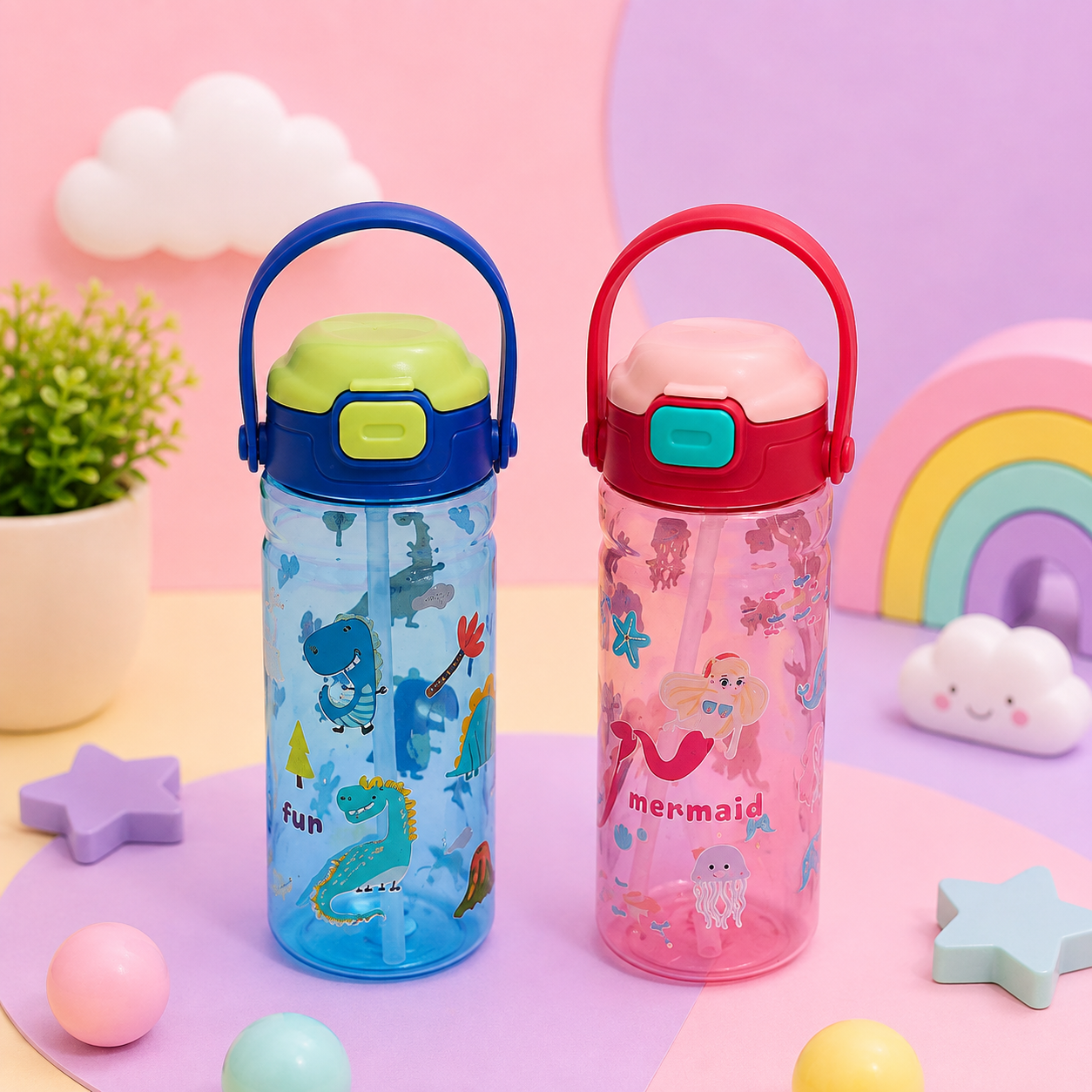 Cute Kids Water Bottle with Straw & Carry Handle | Dinosaur & Mermaid Printed Leak-Resistant Sipper Bottle for School, Travel & Outdoor Use