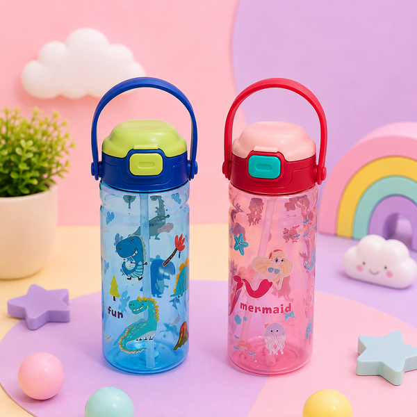 Cute Kids Water Bottle with Straw & Carry Handle | Dinosaur & Mermaid Printed Leak-Resistant Sipper Bottle for School, Travel & Outdoor Use