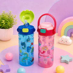 Cute Kids Water Bottle with Straw & Carry Handle | Dinosaur & Mermaid Printed Leak-Resistant Sipper Bottle for School, Travel & Outdoor Use