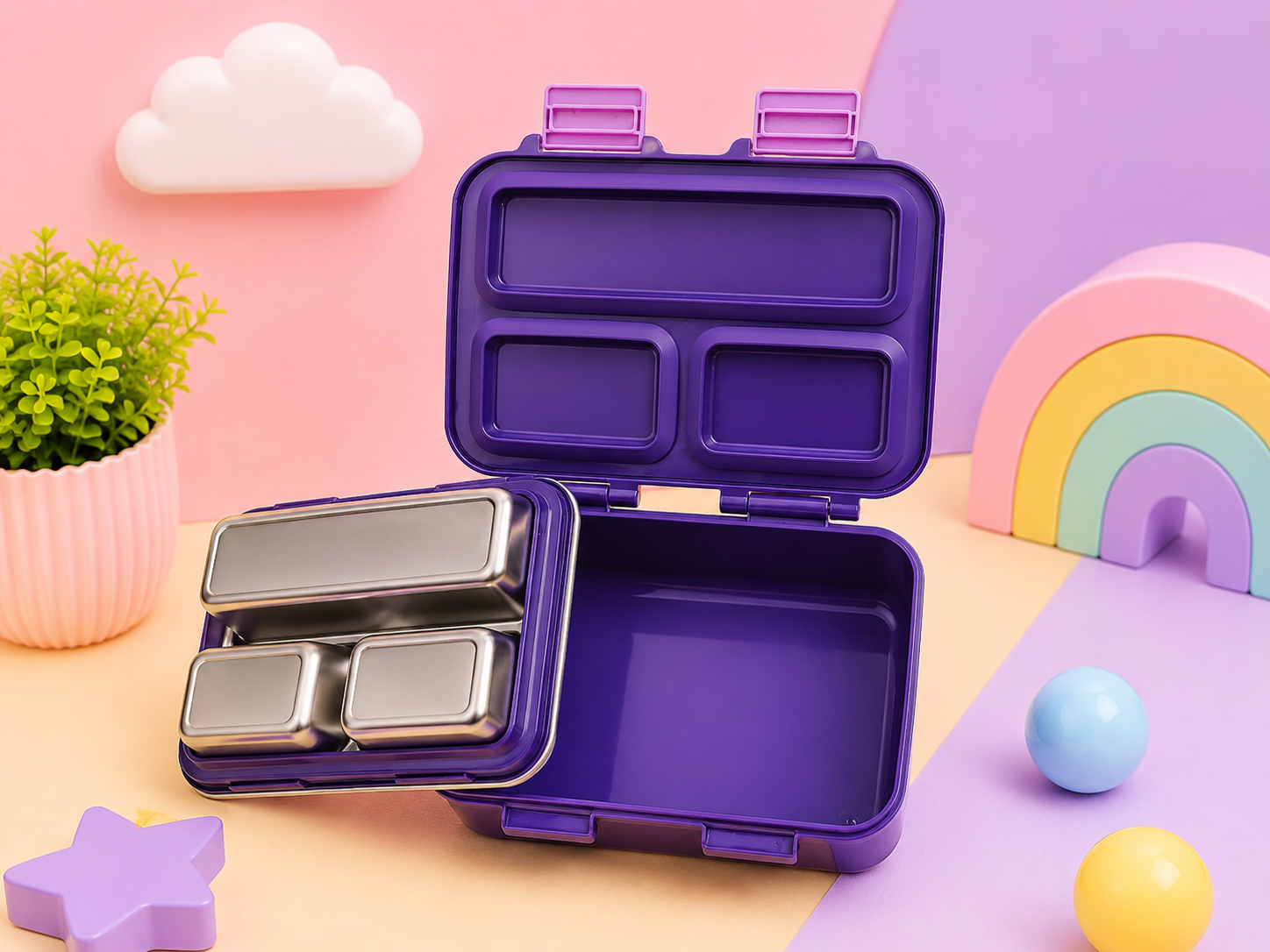 Kids Space Adventure Stainless Steel Lunch Box – 3 Compartment SUS 304 Bento Box | Leak-Lock Design
