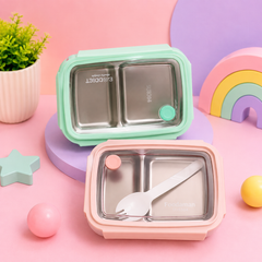 Premium Stainless Steel 2-Compartment Lunch Box with Leak-Resistant Transparent Lid & Spoon | Kids & Adults