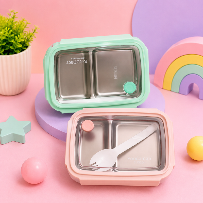 Premium Stainless Steel 2-Compartment Lunch Box with Leak-Resistant Transparent Lid & Spoon | Kids & Adults