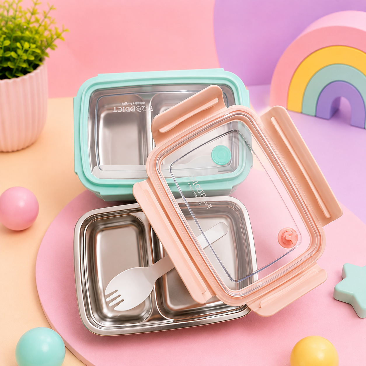 Premium Stainless Steel 2-Compartment Lunch Box with Leak-Resistant Transparent Lid & Spoon | Kids & Adults