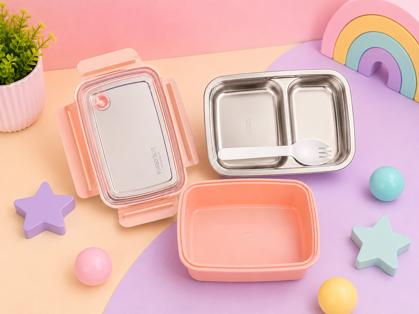 Premium Stainless Steel 2-Compartment Lunch Box with Leak-Resistant Transparent Lid & Spoon | Kids & Adults
