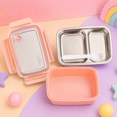 Premium Stainless Steel 2-Compartment Lunch Box with Leak-Resistant Transparent Lid & Spoon | Kids & Adults