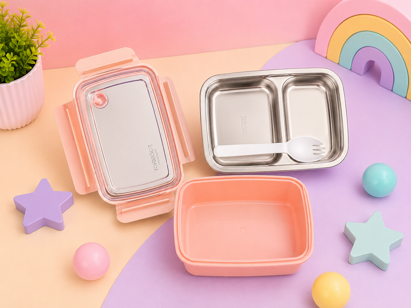 Premium Stainless Steel 2-Compartment Lunch Box with Leak-Resistant Transparent Lid & Spoon | Kids & Adults