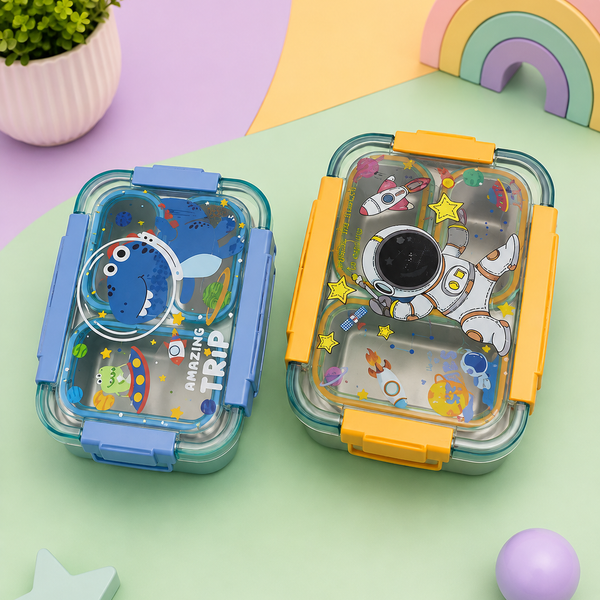 Kids Stainless Steel 3 Compartment Lunch Box | Space Astronaut & Dinosaur Lunch Box for School
