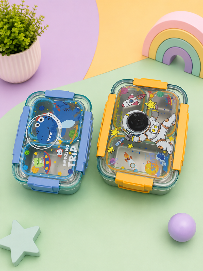 Kids Stainless Steel 3 Compartment Lunch Box | Space Astronaut & Dinosaur Lunch Box for School