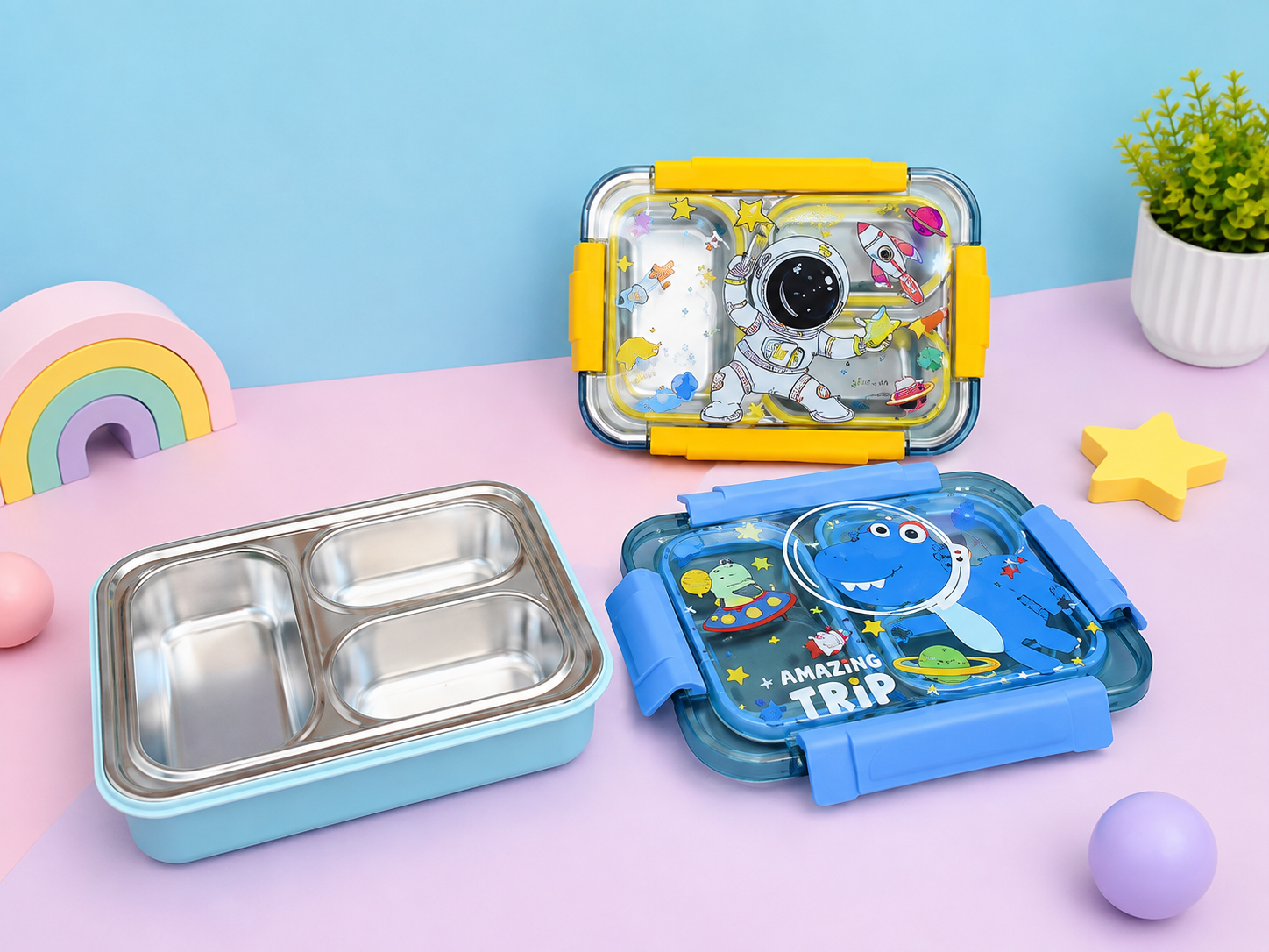 Kids Stainless Steel 3 Compartment Lunch Box | Space Astronaut & Dinosaur Lunch Box for School