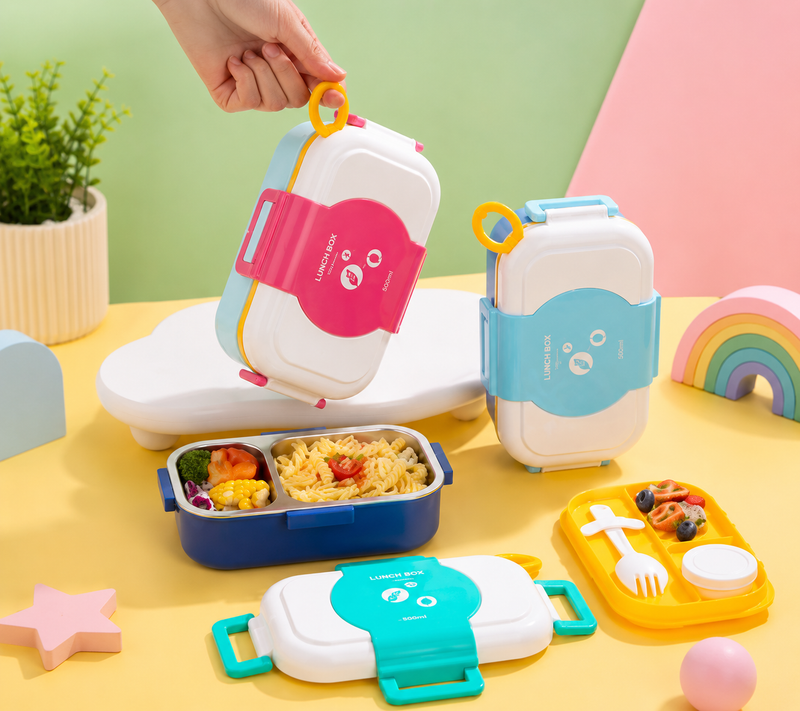 **Kids Stainless Steel Lunch Box with Handle | Leak-Resistant Bento Tiffin Box with Compartments & Cutlery**