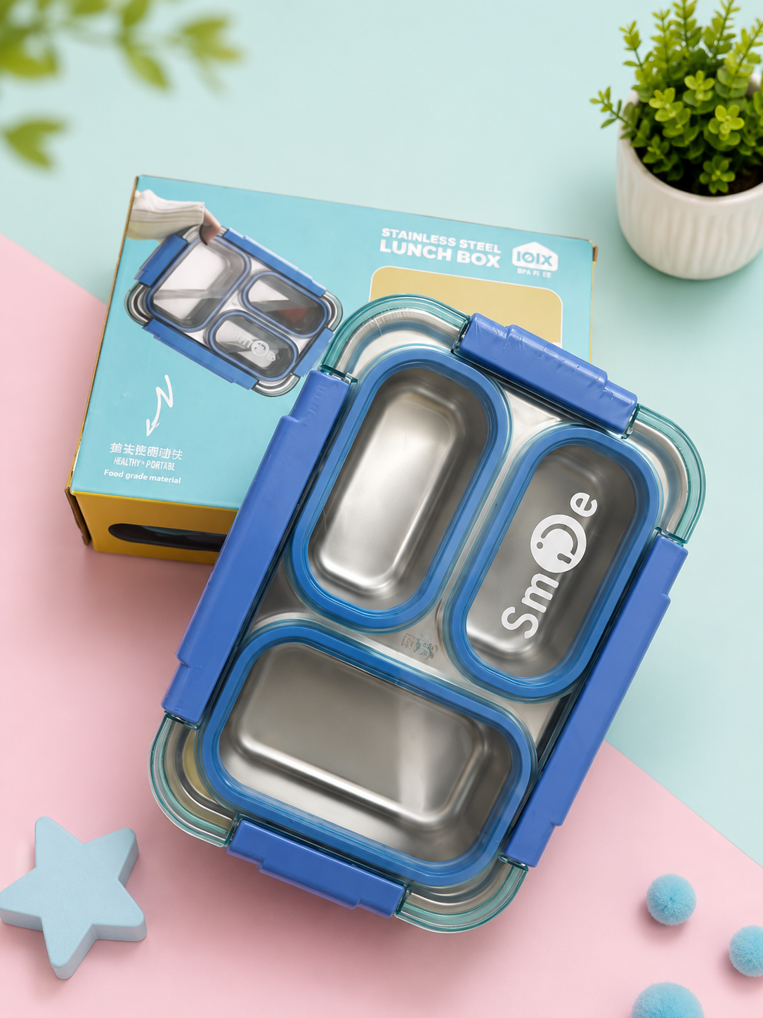 Kids Stainless Steel 3-Compartment Lunch Box – 710ML | Leak-Proof, BPA-Free & Food Grade Tiffin Box