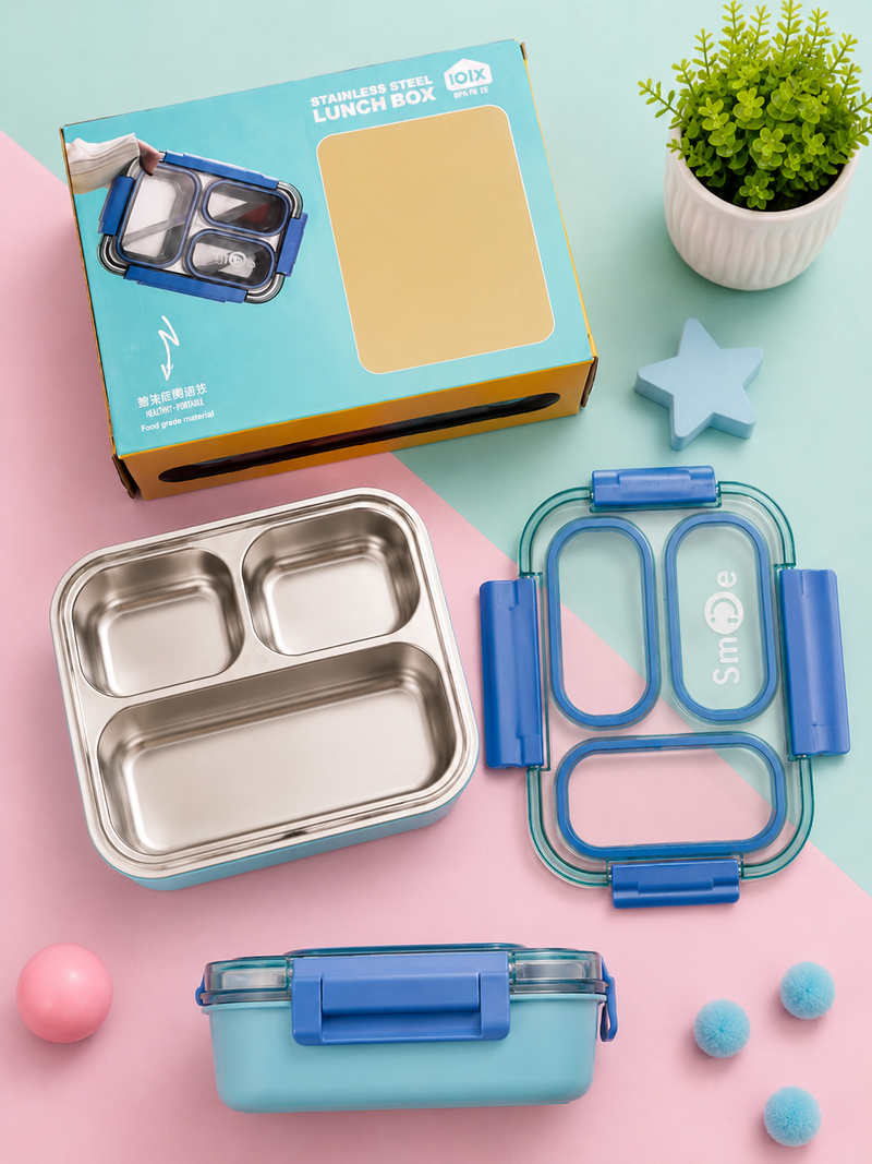 Kids Stainless Steel 3-Compartment Lunch Box – 710ML | Leak-Proof, BPA-Free & Food Grade Tiffin Box