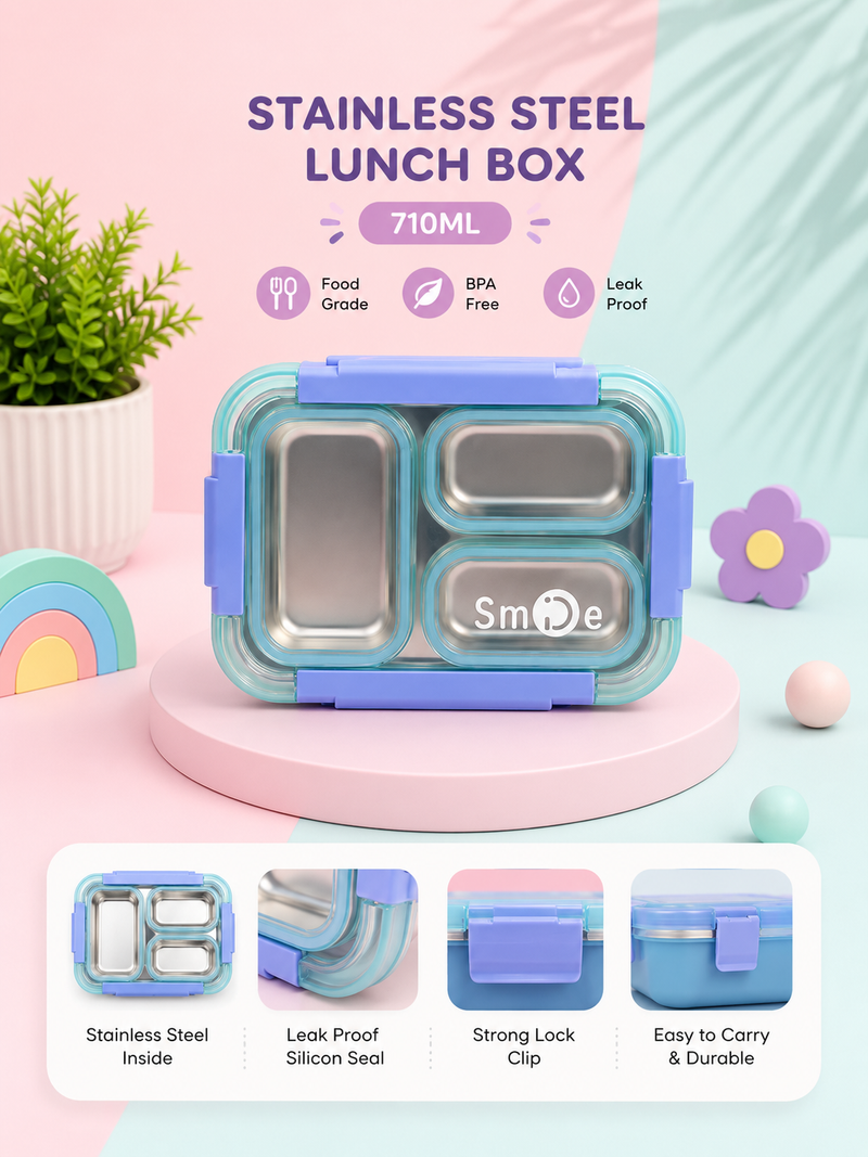 Kids Stainless Steel 3-Compartment Lunch Box – 710ML | Leak-Proof, BPA-Free & Food Grade Tiffin Box