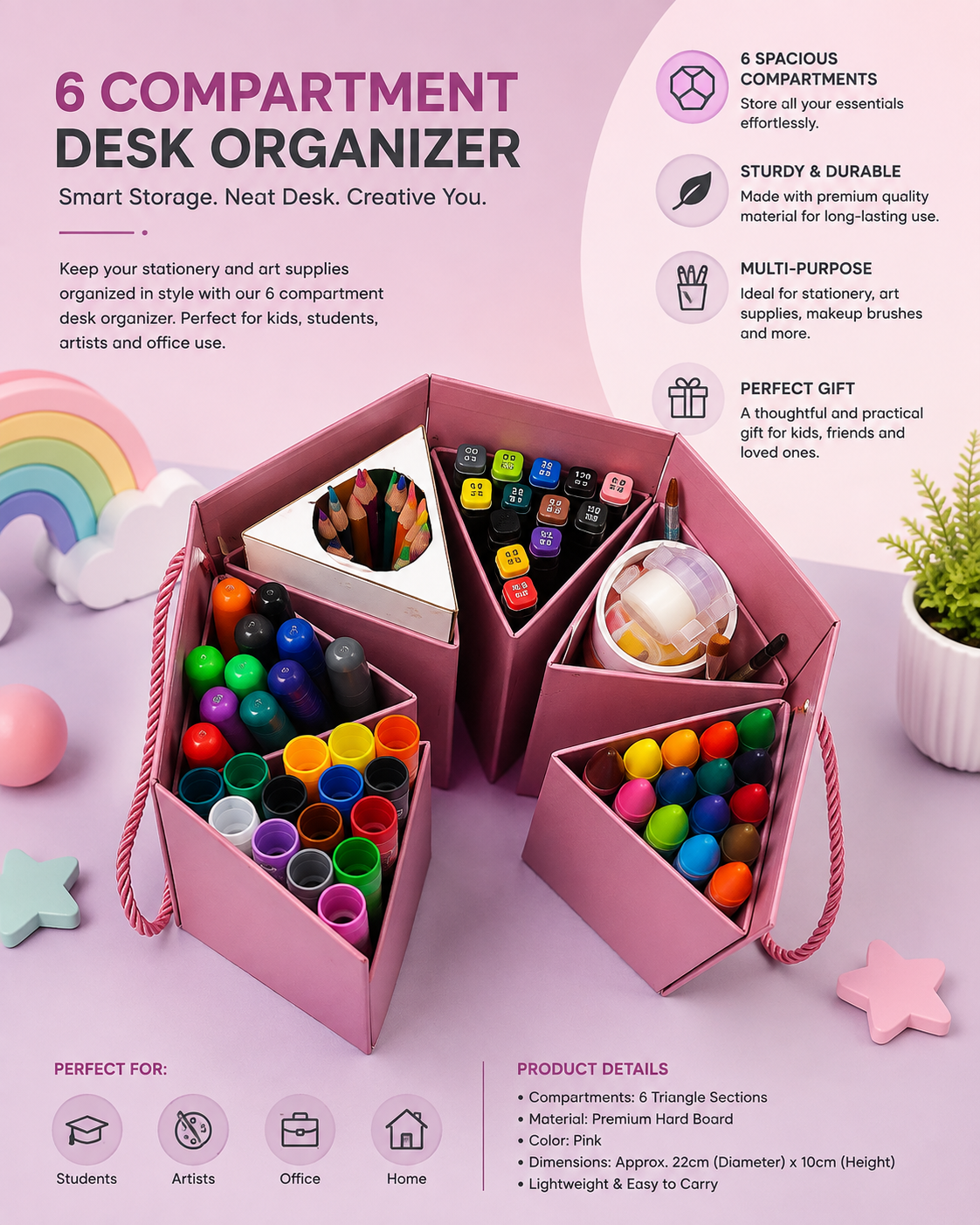 6 Compartment Pink Desk Organizer | Stationery Organizer