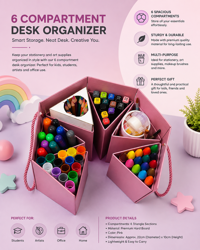 6 Compartment Pink Desk Organizer | Stationery Organizer